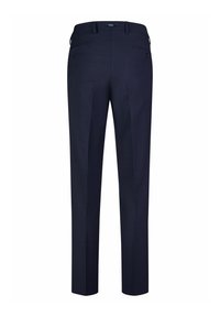Pantalons bleu marine foncé en tissu texturé, coupe droite, deux poches arrière avec boutons et un design épuré et ajusté.