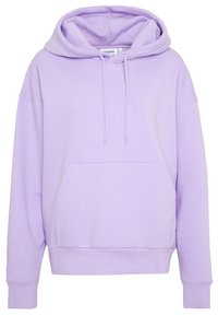 Sudadera con capucha lavanda, mezcla de algodón, que presenta un bolsillo frontal, capucha con cordón y puños y dobladillo acanalados. Textura suave, corte holgado.