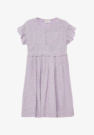 Vestito lilla a maniche corte con piccola stampa floreale bianca, corpino con bottoni sul davanti, vita arricciata e dettaglio scollo con balze.
