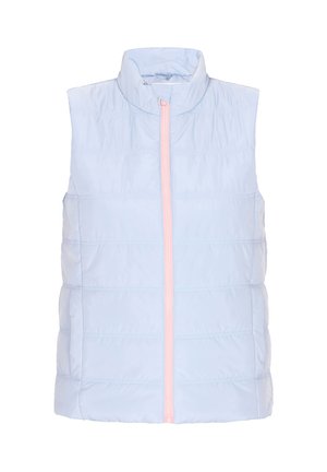Gilet imbottito azzurro chiaro con cuciture verticali, colletto alto e zip frontale con un tirante rosa. Tessuto liscio e leggero.