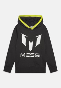 Black hoodie with a white logo featuring angular shapes and "MESSi" text. Lime green accents on the inside of the hood, cotton material.