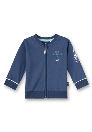 Chaqueta para niño pequeño de color azul marino con cremallera, con bordado de "El Capitán" y un ancla en el pecho y un parche náutico en la manga.