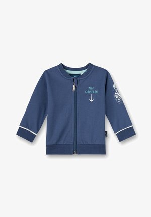 Veste zippée bleu marine pour tout-petits avec "Le Capitaine" et un brodé d'ancre sur la poitrine, et un écusson nautique sur la manche.