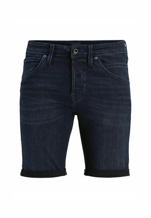 Dark denim shorts with a rolled hem, featuring a button closure, front pockets, and contrasting stitching. Smooth texture and modern fit.