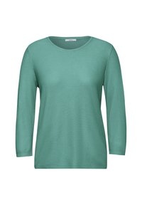 Hellgrüner Pullover mit langen Ärmeln und rundem Ausschnitt, strukturierte Oberfläche und lässige Passform. Verfügt über ein dezentes Rippenmuster.