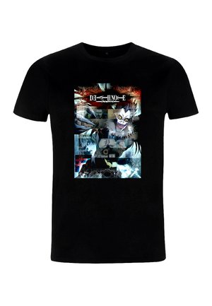 Zwart T-shirt met een kleurrijke afbeelding van geanimeerde personages en de titel "Death Note" in gestileerd lettertype bovenaan in het midden.