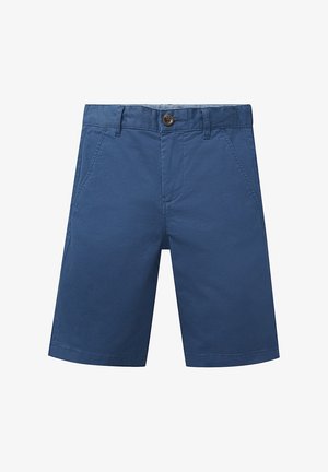 Blå knæshorts med sidelommer, bæltestropper og knaplukning i taljen.