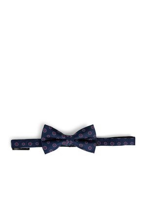 Navy blue bow tie with small red and white floral patterns and adjustable strap on a white background.