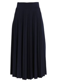 Gonna plissettata blu navy con una ampia fascia elasticizzata in vita, realizzata in tessuto morbido, presenta una silhouette fluida e arriva sotto il ginocchio.
