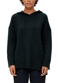 Dunkelgrüner Kapuzenpullover aus weichem Strickmaterial, mit gerippten Bündchen und Saum, lockerem Schnitt und Kordelzug-Detail.