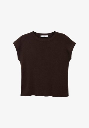 Brown short-sleeve top with a round neck, made of textured fabric. Features a relaxed fit and a slightly scalloped hem. Clean, minimalist design.