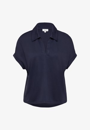 Dunkelblause kurzärmelige Bluse mit Kragen und einer Knopfleiste auf der Vorderseite. Leichter Stoff mit lässiger Passform. Abgerundeter Saum.