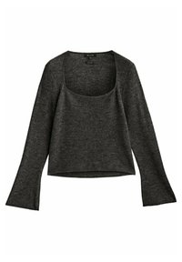 Pull gris foncé, texture côtelée, encolure large, manches longues évasées, longueur courte, et ourlet droit.