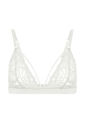 Lace bralette in light grey, featuring a floral pattern, triangular cups, and adjustable straps with a smooth underband.