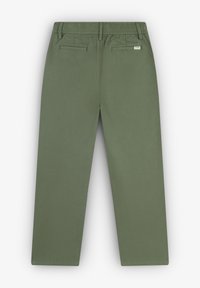 Pantalones verde oliva con cintura elástica, pierna recta y dos bolsillos traseros. Tejido suave con un acabado mate.