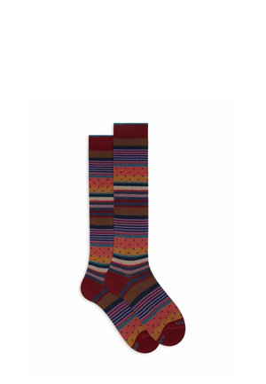Calze al ginocchio a righe e pois multicolori. I colori includono bordeaux, marrone, turchese e beige. Presentano una texture liscia e morbida.