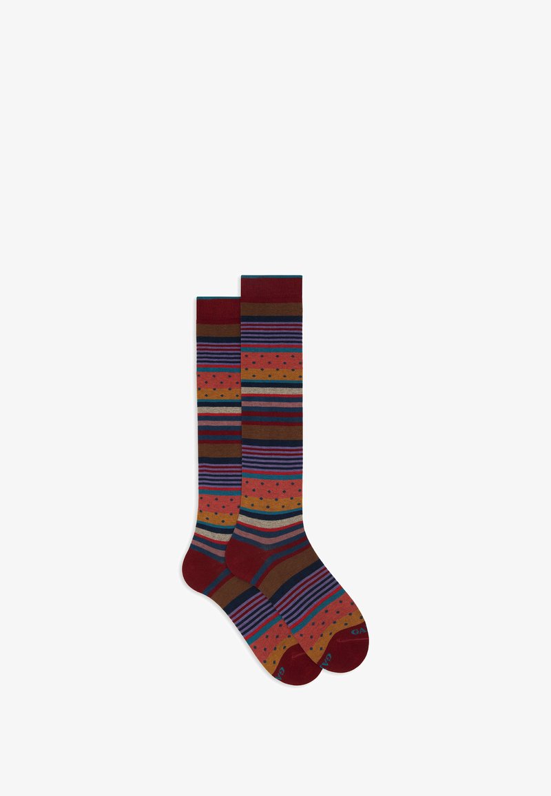 Kniestrümpfe in mehrfarbigen Streifen und Punkten. Die Farben umfassen Weinrot, Braun, Petrol und Beige. Sie zeichnen sich durch eine glatte, weiche Textur aus.