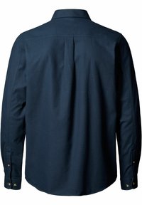 Mėlyna ilgomis rankovėmis marškinėliai su klasikiniu apykakle, nugaros raukšlėmis ir užsegamomis rankovėmis. Medžiaga atrodo tekstūruota ir tvirta.