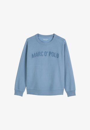 Lichtblauwe sweatshirt gemaakt van zachte stof, met een ronde halslijn, lange mouwen en verhoogde tekst "MARC O'POLO" aan de voorkant.