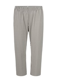 Leichte, atmungsaktive, gekürzte Hosen mit abwechselnden dünnen braunen und weißen vertikalen Streifen und einem elastischen Bund für Komfort.