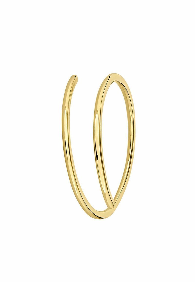 Anillo de espiral de oro pulido delgado con un extremo abierto, diseñado para llevar en el dedo, sobre un fondo blanco liso.