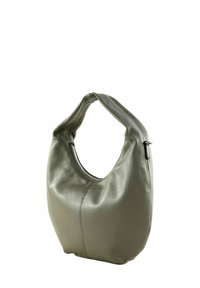 Sac hobo en cuir gris avec une silhouette courbée et douce. Doté d'une seule poignée et d'une texture lisse et brillante avec des détails de coutures contrastantes.