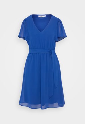 Abito avvolgente blu con scollatura a V, maniche corte a volant, una vita aderente con cintura e una gonna a cerchio fluida realizzata in tessuto leggero.