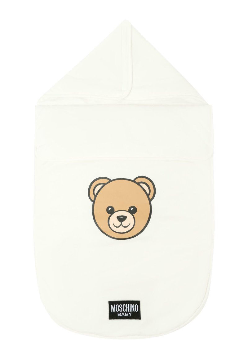 Witte babykapdoek met een cartoonbeer-gezichtsafbeelding in bruine tinten. Inclusief een zwart logo-label aan de onderkant. Zachte textuur.