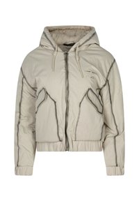 Giacca imbottita beige con design corto, chiusura con cerniera, cappuccio e dettagli a contrasto neri lungo le cuciture e le tasche.