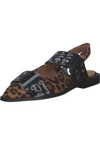 Leopard print flat shoe with a glossy black buckle design and silver hardware. Sleek pointed toe and open back with a low, flat heel.
