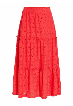 Piros réteges midi szoknya szemlyukacsos csipke gyémánt mintával és rugalmas derékrésszel, finoman összehúzott fodros varratokkal.