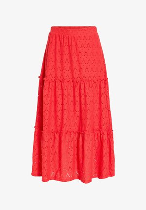 Piros réteges midi szoknya szemlyukacsos csipke gyémánt mintával és rugalmas derékrésszel, finoman összehúzott fodros varratokkal.