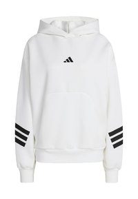 Biela mikina s kapucňou vyrobená z mäkkého materiálu s čiernym logom Adidas na hrudi a tromi čiernymi pruhmi na každom rukáve. Súčasťou je predné vrecko.