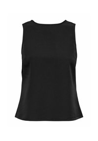 Czarny top bez rękawów wykonany z gładkiej tkaniny, z okrągłym dekoltem i luźnym krojem z zaokrąglonym dołem. Brak widocznych ozdób.