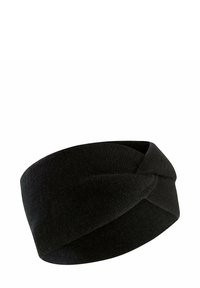 Zwarte gebreide hoofdband met een gedraaide ontwerp aan de voorkant, gemaakt van zachte stof met een gladde textuur. Geschikt voor koud weer.