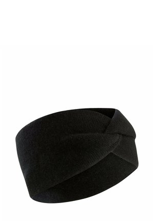 Zwarte gebreide hoofdband met een gedraaide ontwerp aan de voorkant, gemaakt van zachte stof met een gladde textuur. Geschikt voor koud weer.