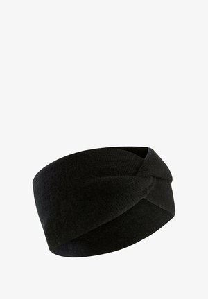 Sort strikket pandebånd med et snoet design foran, lavet af blødt stof med en glat overflade. Velegnet til koldt vejr.
