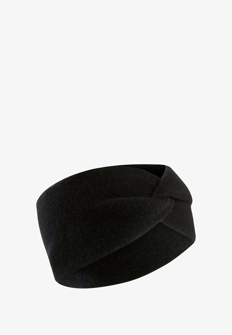 Zwarte gebreide hoofdband met een gedraaide ontwerp aan de voorkant, gemaakt van zachte stof met een gladde textuur. Geschikt voor koud weer.