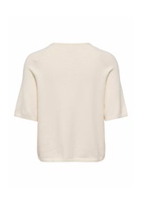 Pull en maille crème à manches courtes avec un col rond et une coupe décontractée, vu de dos.