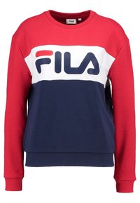 Sweatshirt Fila rouge, blanc et marine, à manches longues, avec le logo centré sur la poitrine en lettres marines et rouges.