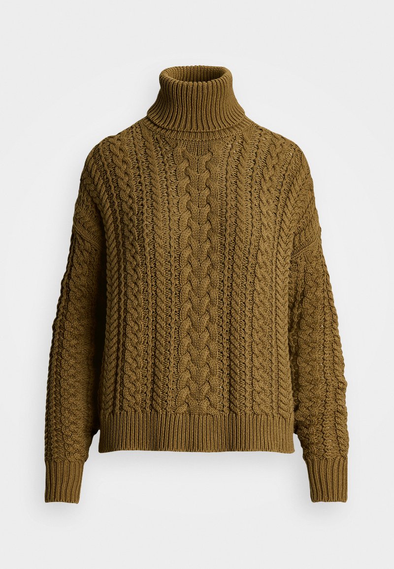 Brauner Strickpullover mit hohem Rollkragen, der ein Kabelmusterdesign sowie gerippte Bündchen und Saum aufweist. Texturiert, lässige Passform.