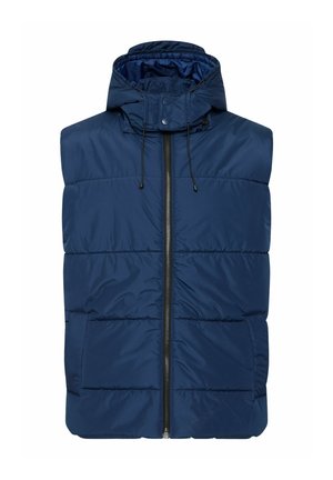 Námořnická modrá prošívaná vesta s kapucí, která má přední zip, stahovací šňůrku a horizontální prošívání. Hladký povrch a dvě kapsy.