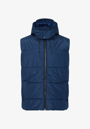 Marineblå polstret vest med hætte, featuring en frontlynlås, snoretræk og vandret syninger. Glat tekstur og to lommer.