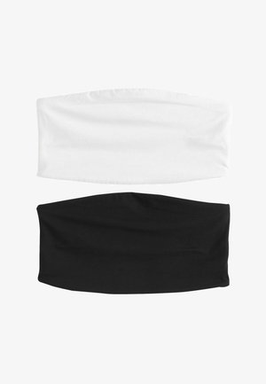 Twee elastische haarbanden: één witte en één zwarte. Beide zijn gemaakt van zacht, rekbaar stof met een gladde textuur en een naadloos ontwerp.