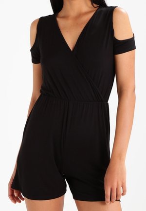Zwarte jumpsuit met korte mouwen en cold shoulder ontwerp, V-hals, elastische tailleband en glad, rekbaar materiaal.