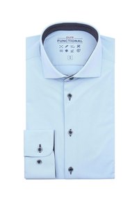 Lichtblauw overhemd van een katoenmix, met button-down kraag, zwarte knoopaccenten, manchetten met één knop, waslabel aan de binnenkant van de kraag.