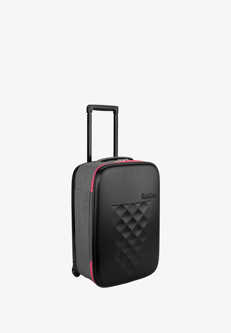 Maleta negra y gris con un exterior duro, patrón de diamante, acentos de cremallera rosa, asa extensible y ruedas giratorias para una fácil movilidad.