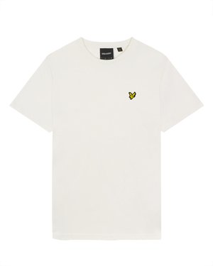 Hvitt bomull t-skjorte med rund hals, korte ermer, og en liten gul sommerfugl-logo på venstre brystområde.