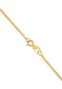 Gold-colored chain necklace with smooth links, featuring a round clasp and oval connector, set against a white background.