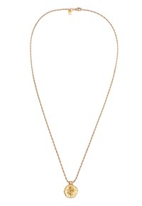 Gouden ketting met een gedraaid schakel en een getextureerde ronde hanger. De hanger heeft een verhoogd ontwerp en een lus voor bevestiging.